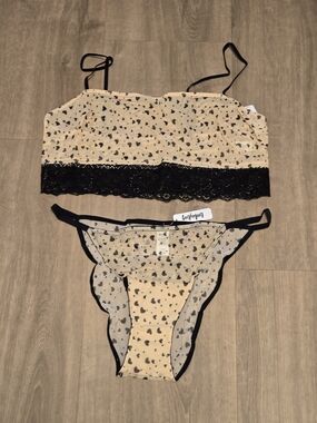 New w/ Tags - BootyBag Sheer Heart-Print Bralette & Bikini Set - Size XL